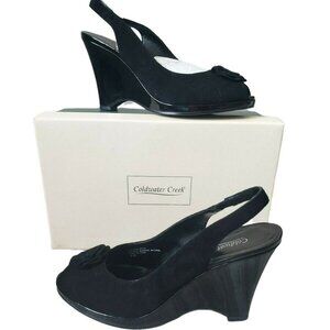 Coldwater Creek Suede Rose Sling Wedge Peep Toe Sandals Womens 8.5 Black NEW